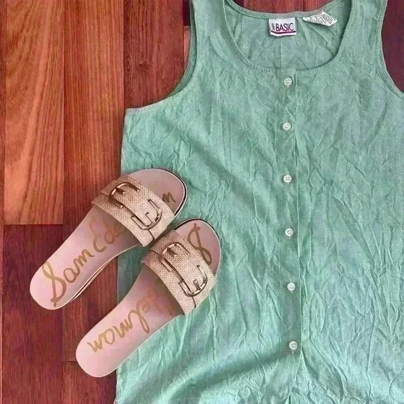 Simply Basic | Vintage 100% cotton green linen style button top vest size med - Picture 4 of 5